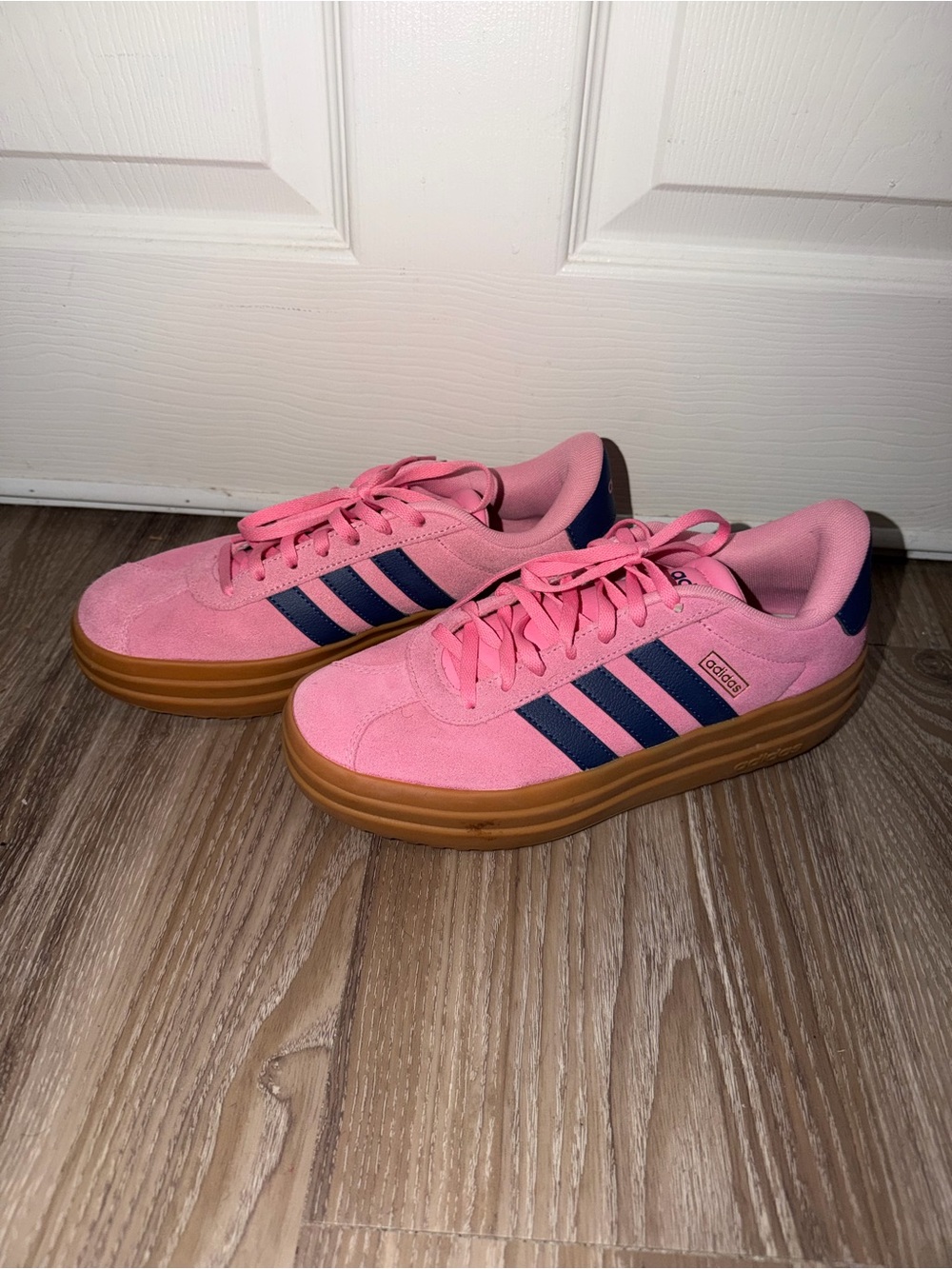 adidas Pink Suede Sneakers with Navy Stripes and Gum Sole